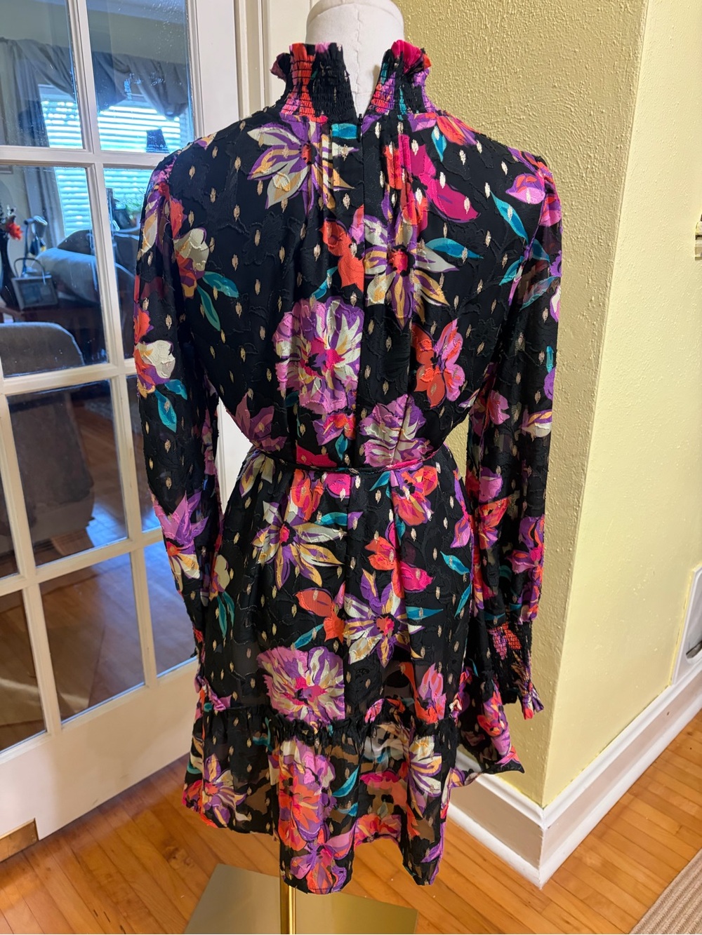 Floral Ruffle Neck Long-Sleeve Dress - Black with Pink & Purple